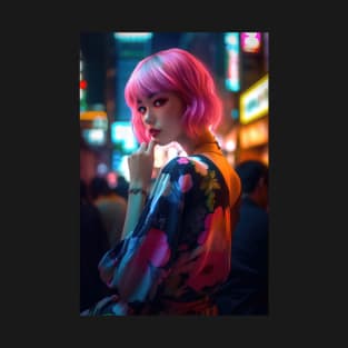 Cyberpunk Girl in Neon Tokyo, a Gaming Room Wall Art T-Shirt