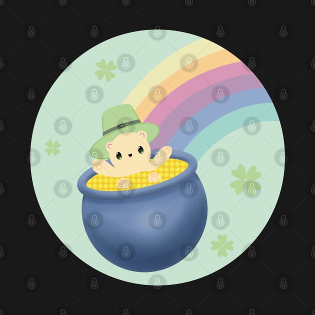 St Patrick’s Day, cute saint patricks day illustration with cute bear in pot of gold and leprechaun hat and rainbow by Catphonesoup