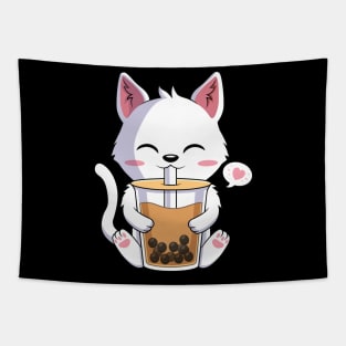 Kawaii Cat Drinking Boba Tea Japanese Anime Tapestry