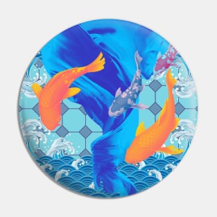 Orange Koi Fish with a Blue Swirl Ocean- Happy Hong Kong Pin