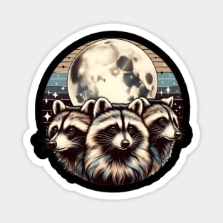 Retro Raccoon Trio: Vintage Graphic with Celestial Moon - Nostalgic, Dreamy, Mystical Illustration for Raccoon Lovers Magnet