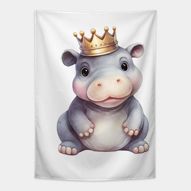 Watercolor Hippopotamus Wearing a Crown Tapestry by Chromatic Fusion Studio