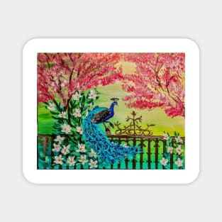 The majestic beauty of a peacock takes center stage as it sits gracefully upon a weathered metal fence Magnet