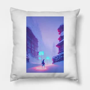 Anime Girl Snowy Street Lights Christmas Landscape Pillow