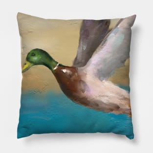 A Painting of a Duck Flying Above the Water Pillow