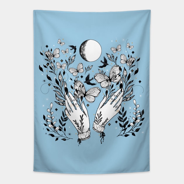 Full Moon Magic Of Nature With Blackbirds And Butterflies Tapestry by LittleBunnySunshine