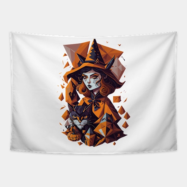 Halloween Witch with Cat in Geometric style Tapestry by Luvleigh