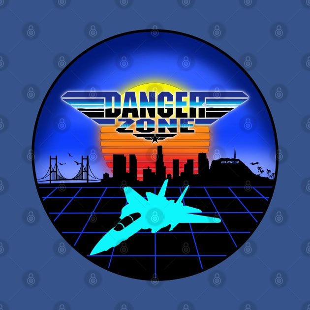 Danger Zone 80s Retro Neon Top Gun Maverick Logo Parody Rooster Sunset Skyline by ArtIzMuzikForTheEyez