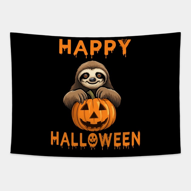 Funny Cute Sloth Holding Pumpkin Lazy Easy Halloween Costume Tapestry by RetroZin