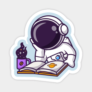 Cute Astronaut Reading Book With Space Coffee Cartoon Magnet