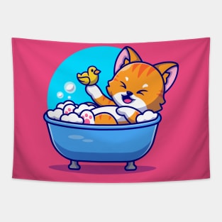 Cute Cat Bath In The Bath Tub With Duck Toys Cartoon Tapestry