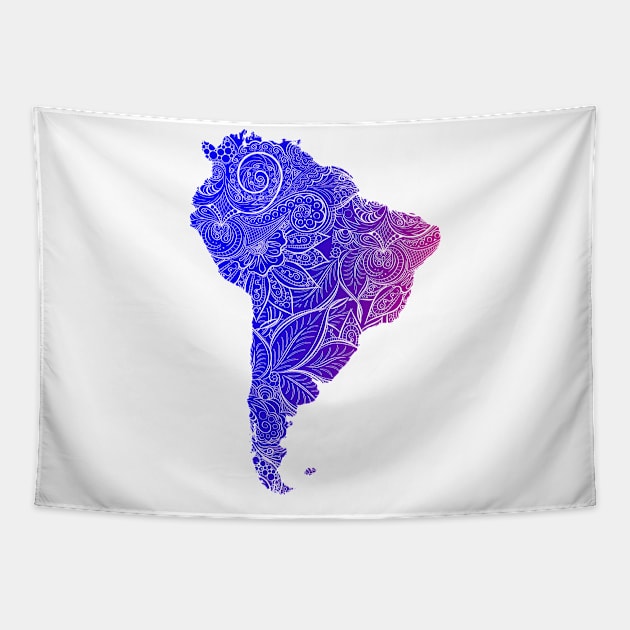 Colorful mandala art map of South America with text in blue and violet Tapestry by Happy Citizen