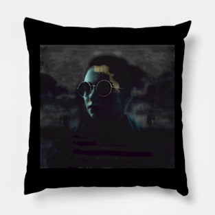 Beautiful girl with round glasses. Dark, like in night dream. Light aqua and gray. Pillow