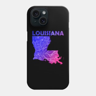 Colorful mandala art map of Louisiana with text in blue and violet Phone Case