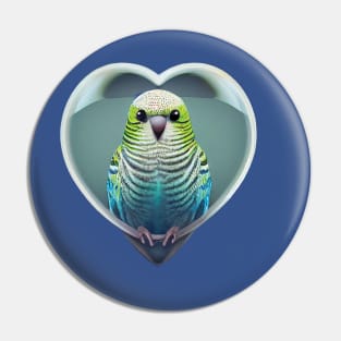 Cute Budgie In a Heart Shape on blue background. Perfect Valentines Bird Pin