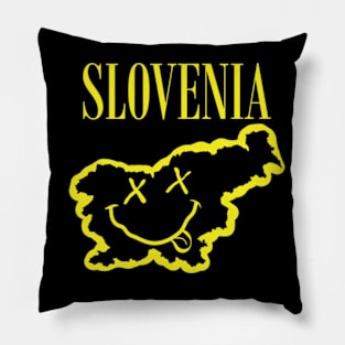 Vibrant Slovenia: Unleash Your 90s Grunge Spirit! Smiling Squiggly Mouth Dazed Smiley Face Pillow