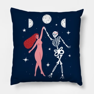 Woman Dancing With Skeleton under Full Moon illustration Pillow