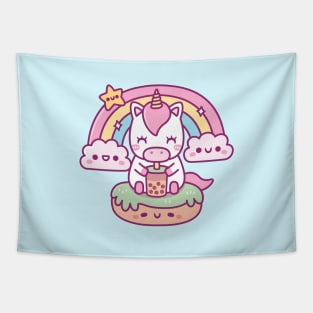 Cute Unicorn Drinking Bubble Tea, Rainbow And Clouds Tapestry
