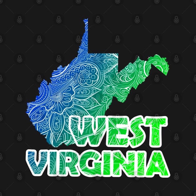 Colorful mandala art map of West Virginia with text in blue and green by Happy Citizen