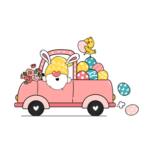 cute bunny gnome with easter egg on pink truck, happy easter T-Shirt