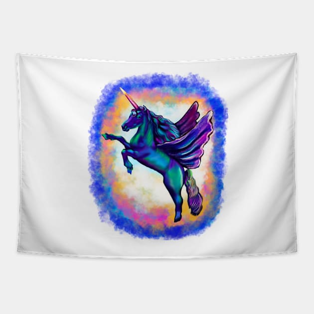 Unicorn - sparkly, glittery, magical, winged unicorn with rainbow background Tapestry by Artonmytee