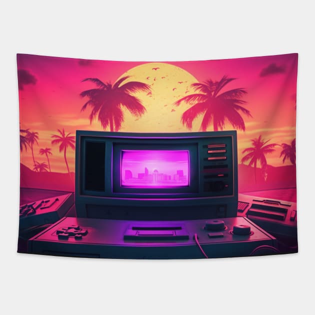 Retro Futuristic Computer Synthwave Sun And Palms - Synthwave Arcade ...