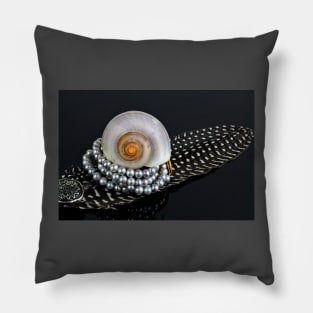 Shell, feather and a pearl necklace Pillow