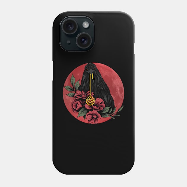 Black Crow With Flowers and Red Moon in a Mystical Landscape Phone Case by Drawab Designs