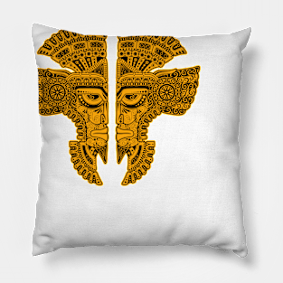 Yellow and Black Mayan Twins Mask Illusion Pillow