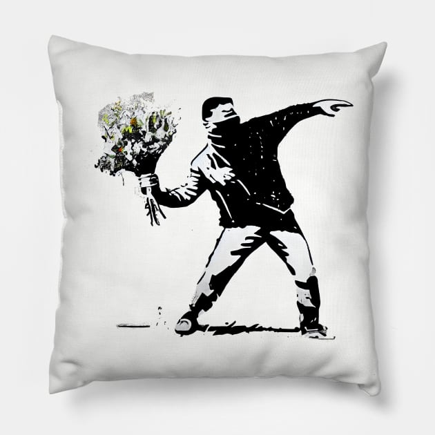 Captivating Banksy-Inspired Artwork: Man Throwing a Bouquet Pillow by MLArtifex