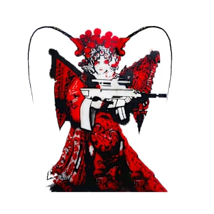 Modern Chinese Opera Young Woman Machine Gun Beijing Opera Asian Art T-Shirt