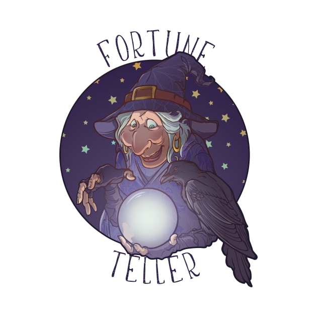 Old witch with her black raven holding a crystal ball and foretelling the future. Funny cartoon style character by AntonVTokarev