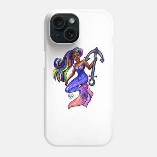 African American mermaid with flowing rainbow hair and anchor , brown eyes curly Afro hair and caramel brown skin Phone Case