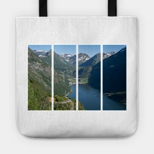 Wonderful landscapes in Norway. Vestland. Beautiful scenery of Geiranger Fjord from the Ornesvingen viewpoint. Cruise ship, winding roads, waterfall and stream Tote