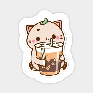 Cute Cat Drinking Bubble Tea Cartoon Boba Drawing Magnet