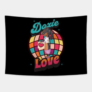 Cute Dachshund wearing cute fashion on a Doxie Love tee Tapestry