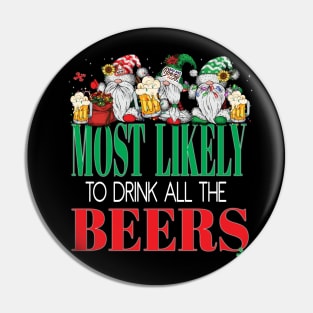 Funny Most Likely To Drink All The Beers Christmas Xmas Cheers Pin