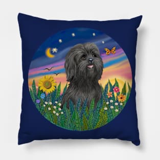 "Sunrise Garden" with an Adorable Black Shih Tzu Pillow