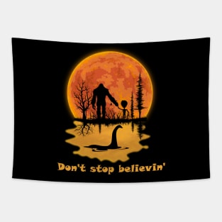 Don't Stop Believin' Bigfoot Alien Dinosaur Blood Moon Halloween Tapestry