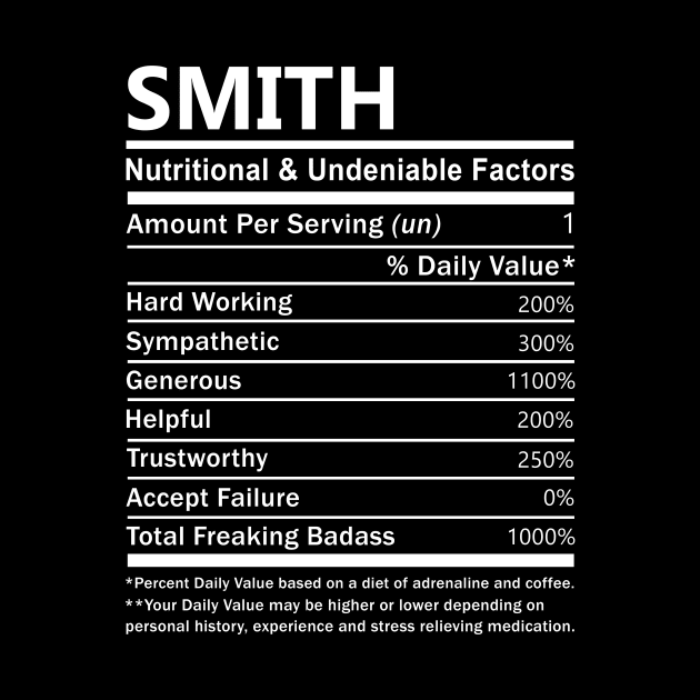 Smith Name T Shirt - Smith Nutritional and Undeniable Name Factors Gift Item Tee by nikitak4um