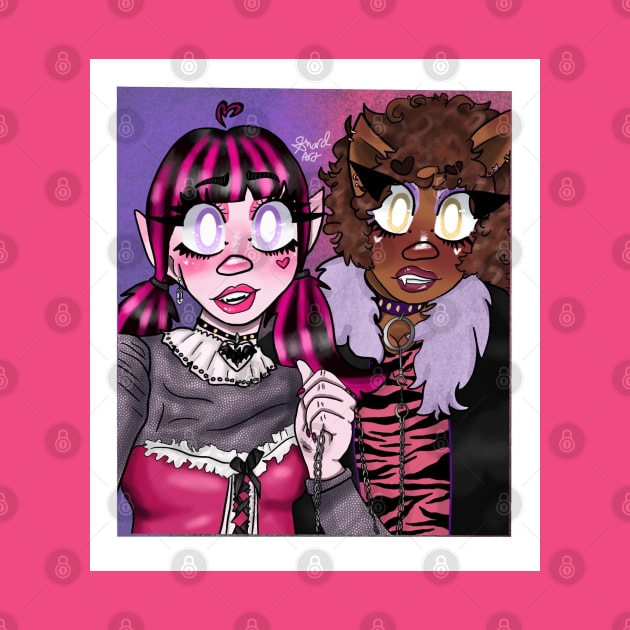 Draculaura and Clawdeen taking a picture by Shard Art