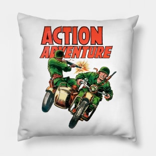 Retro Sidecar Motorcycle Soldiers Military Army Action 1955 Adventure Vintage Comic Book Cover Pillow