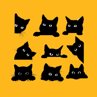 Cute Funny Black Cat in Different Positions Artwork T-Shirt