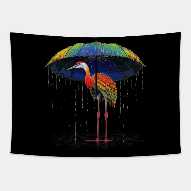 Whooping Crane Rainy Day With Umbrella Tapestry by JH Mart