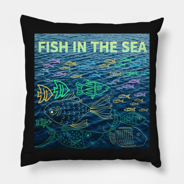 under the sea,blue sea,sea creatures,Turtle, puffer fish, starfish, shrimp, shark, tropical fish, sea horse, seaweed, sardines, squid, crabs, clams Pillow by zzzozzo