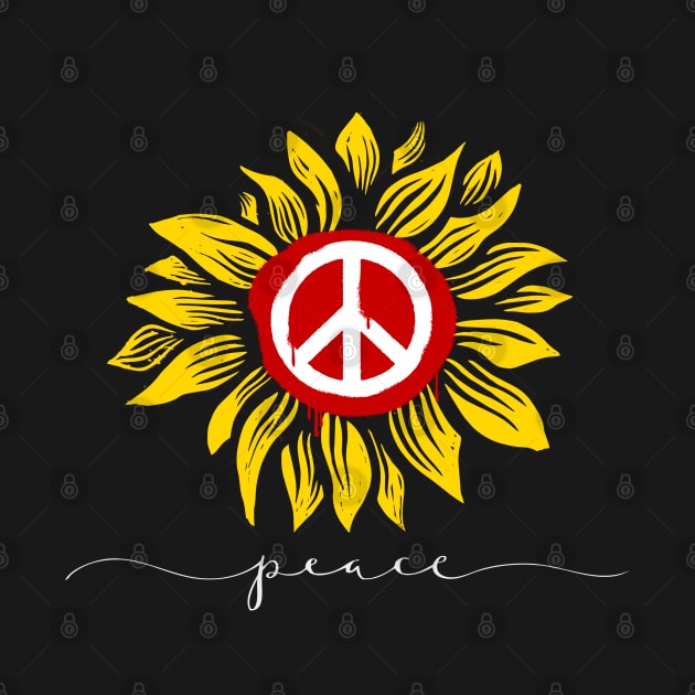 Peace for Ukraine!  with Ukraine's National Sunflower and Peace Symbol on a Dark Background by Puff Sumo