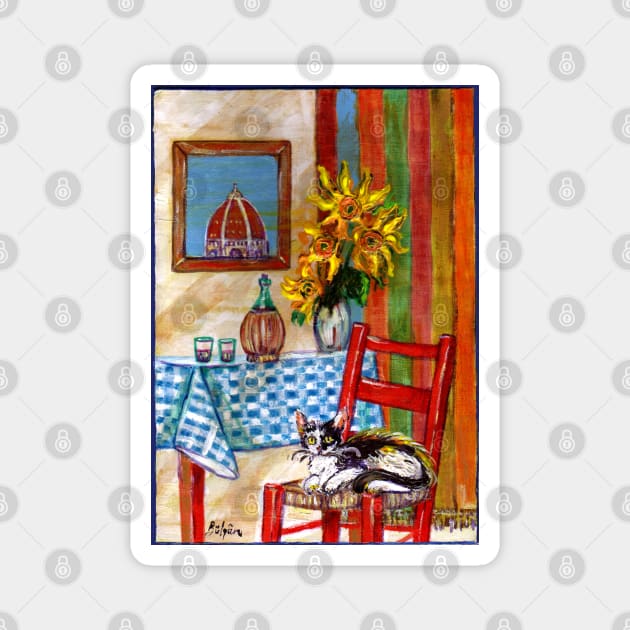 RUSTIC ITALIAN KITCHEN IN FLORENCE Cat,Sunflowers and Wine Magnet by BulganLumini