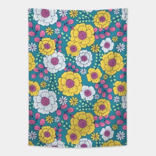 Cute romantic vintage flowers in teal and yellow Tapestry