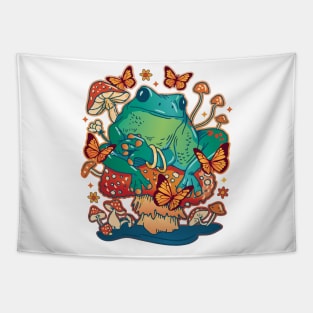 Frog sitting on a Mushroom with Butterflies Tapestry