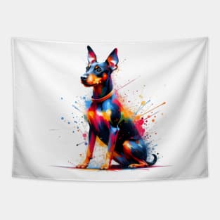 Energetic Manchester Terrier in Vivid Splash Art Tapestry